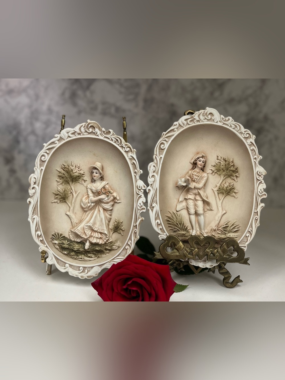 Vintage Lefton China 3D Wall Plaques • Colonial Couple • Pair